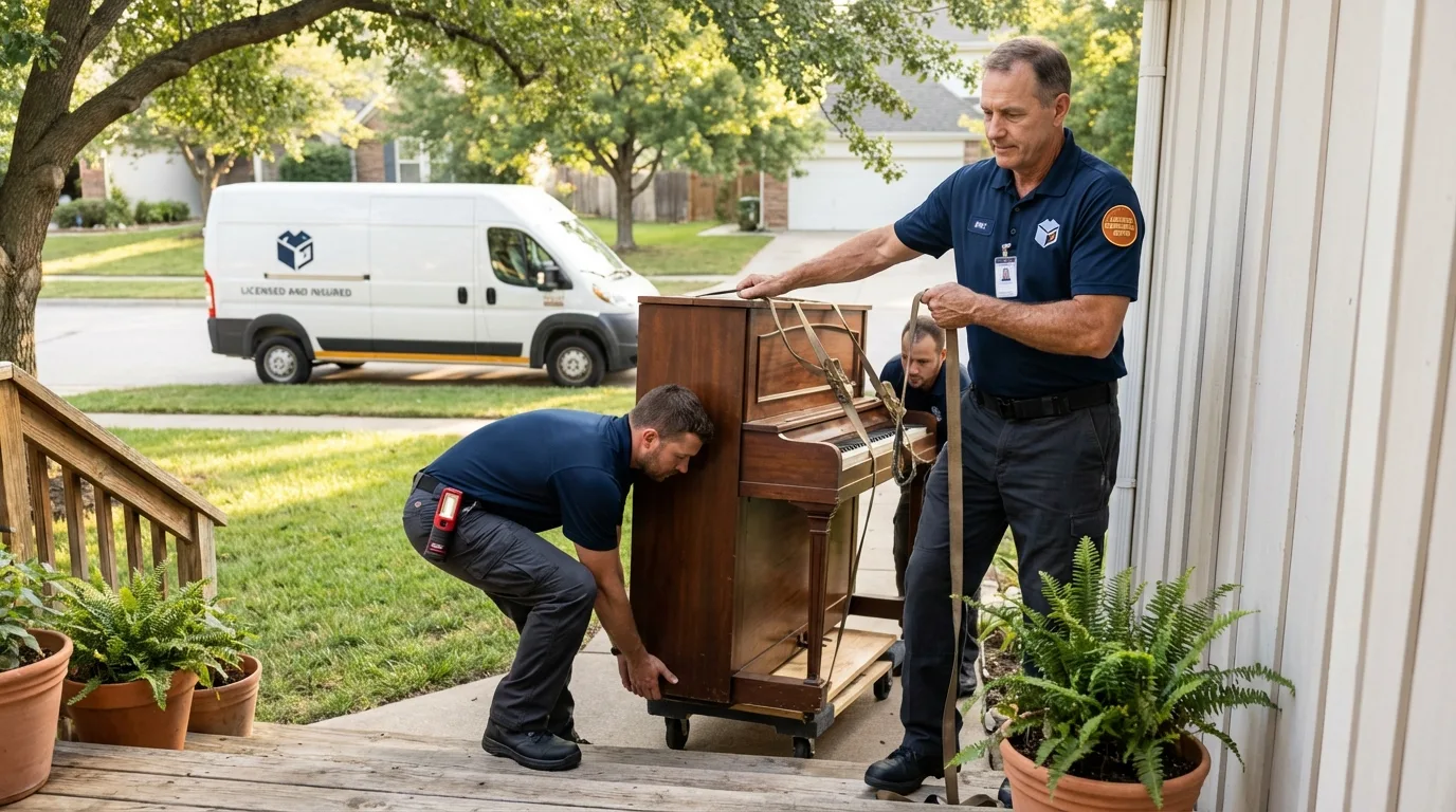 Licensed piano movers securing grand piano in Saint Michael, MN