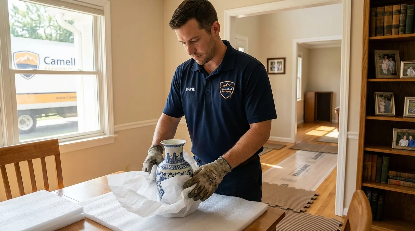 Professional crew carefully wrapping antique vase for senior downsizing move in Saint Michael, MN